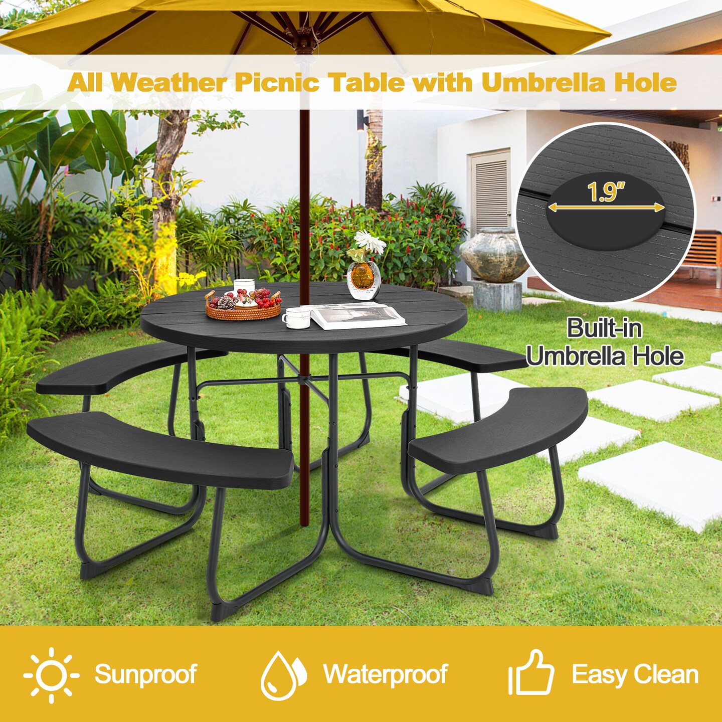 8-person Outdoor Picnic Table And Bench Set With Umbrella Hole