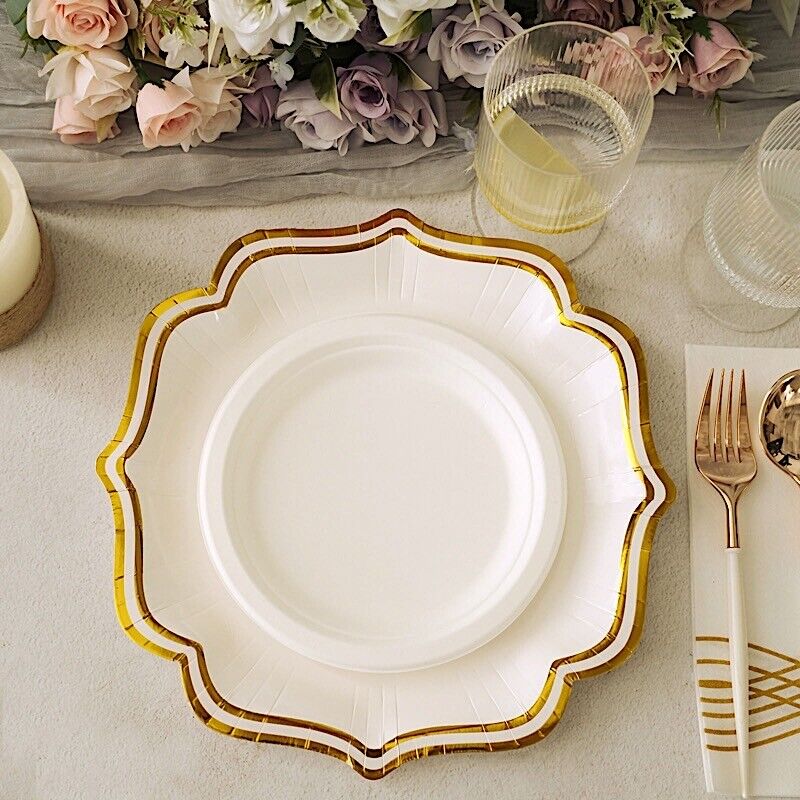 25 WHITE GOLD 10&#x22; Paper Salad DINNER PLATES Scallop Rim