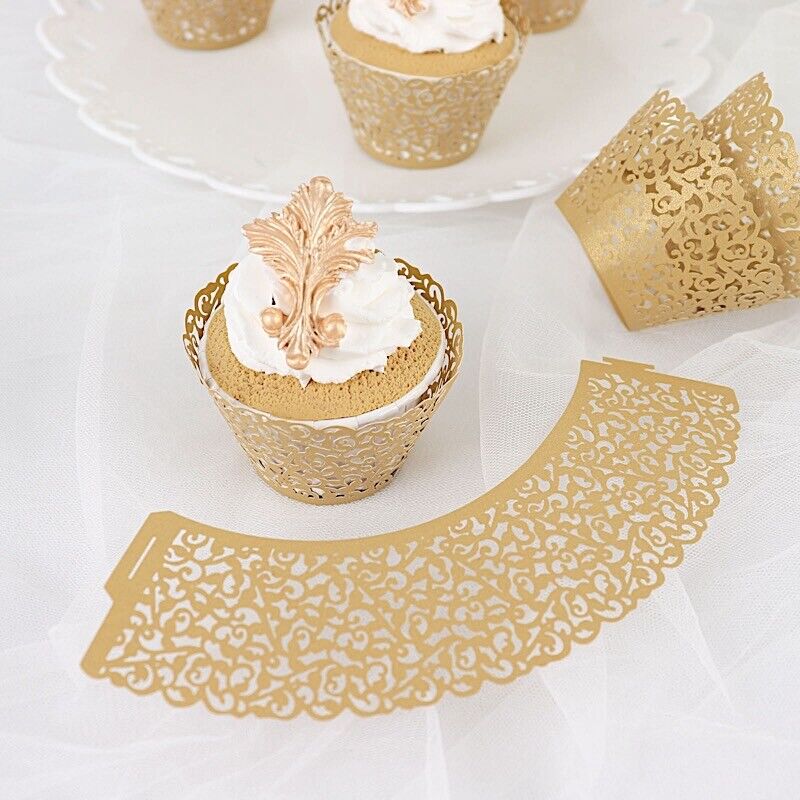 25 GOLD Laser Cut Lace Paper Cupcake Liners Muffin WARAPPERS