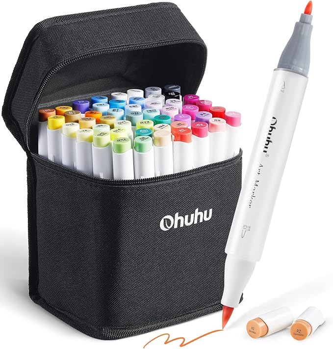 Ohuhu Alcohol Markers Brush Tip: 48-Color Double Tipped Art Marker Set for Artist Adults Coloring Illustrations -Refillable -Honolulu B/Honolulu