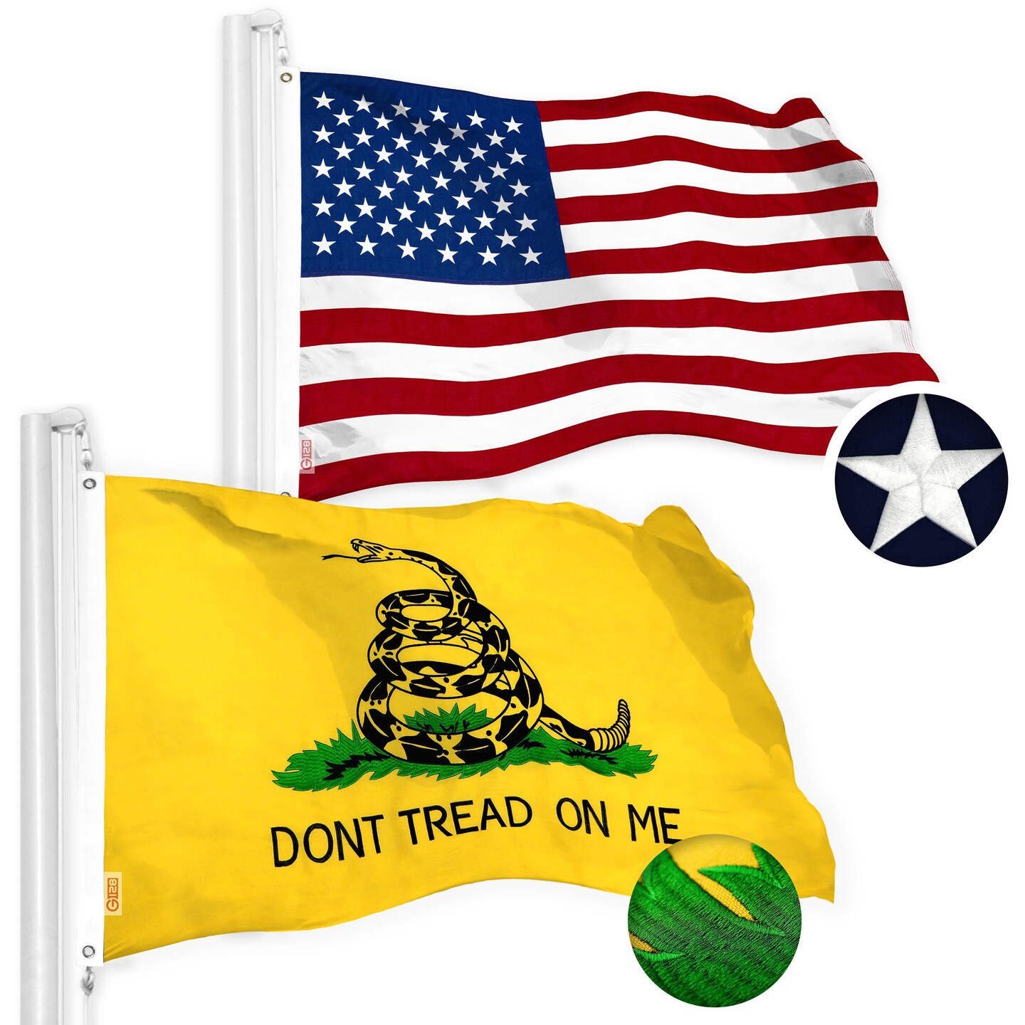 G128 Combo Pack: USA American Flag &#x26; Gadsden Don&#x27;t Tread on Me Flag 2.5x4 Ft Embroidered Spun Polyester, Indoor/Outdoor, Brass Grommets