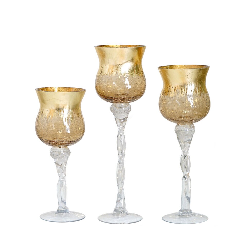 3 pcs Clear Gold Hurricane Glass Candle Holders Vases Centerpieces