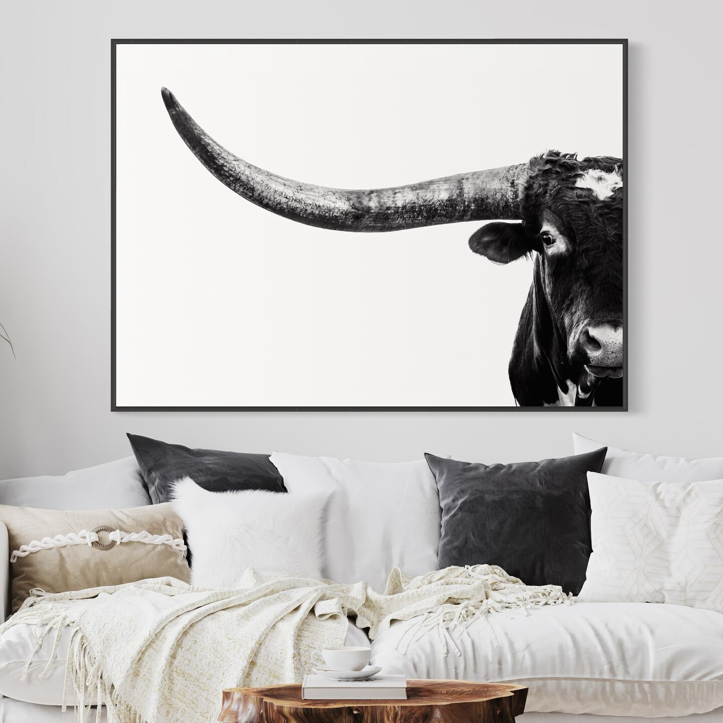 Black And White Longhorn Canvas - Texas Longhorn Bull Wall Art - Minimalist Art - Modern Western ...
