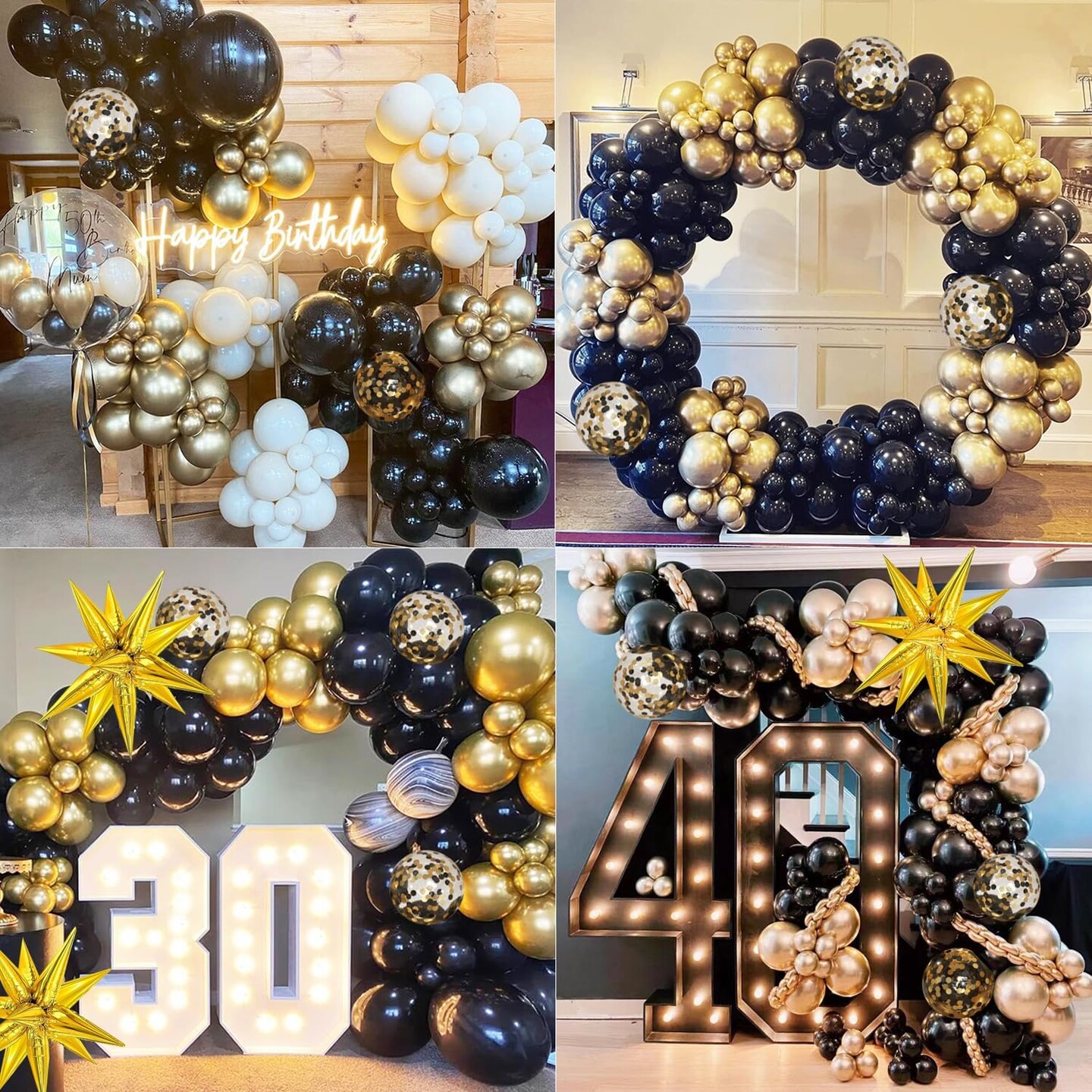 Black and Gold Balloons Garland Arch Kit, Black Gold Confetti Balloons with Starburst Balloons for 2024 Graduation Class Wedding Retirement Anniversary Birthday Party Decorations