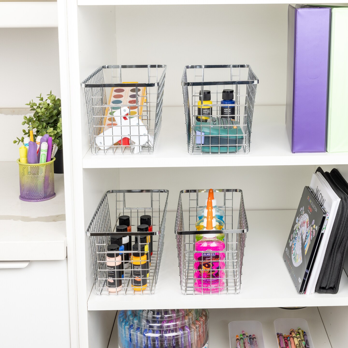 Smart Design Nestable Basket Organizer with Handles - Steel - 6 x 12 x 6 - Chrome - Set of 4