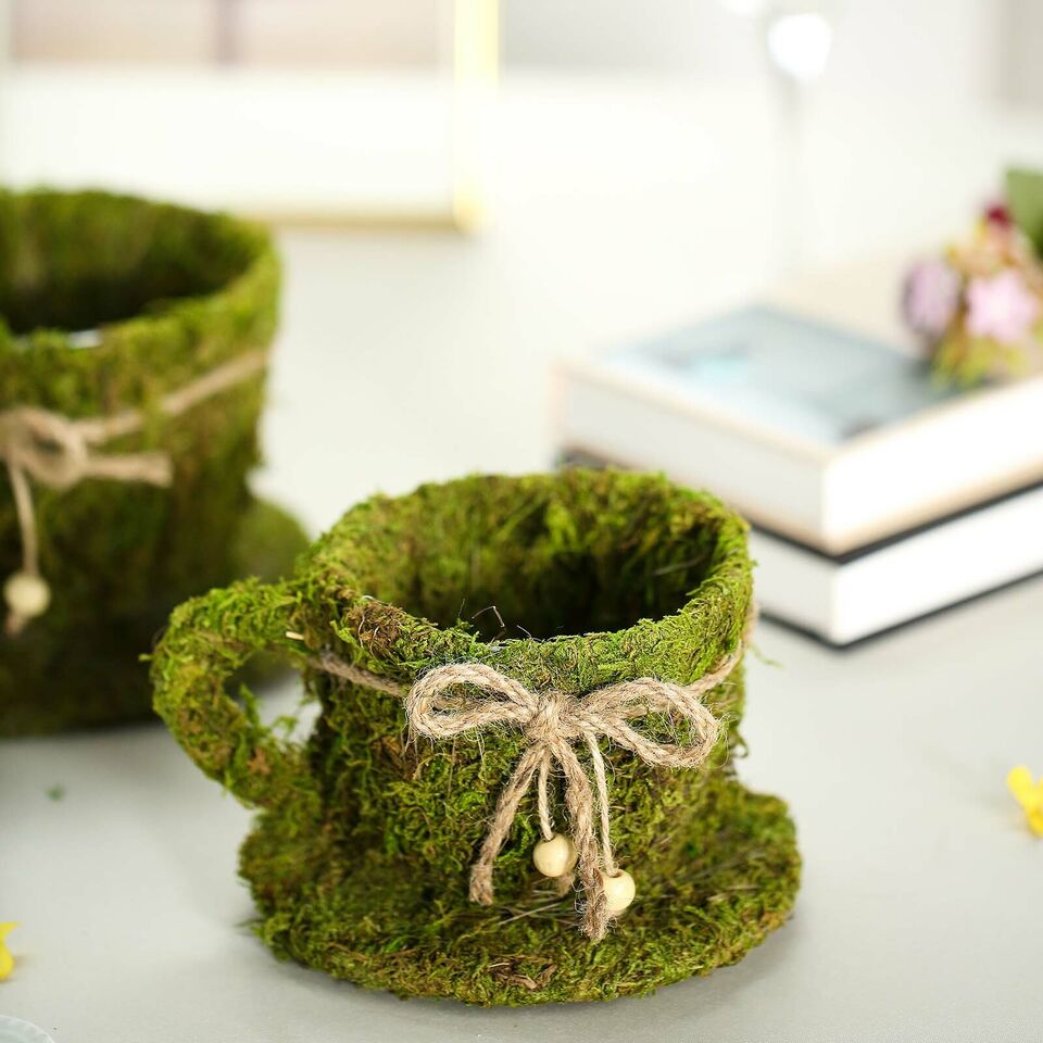 2 Green Natural Moss Teacups Planter Boxes Ribbons