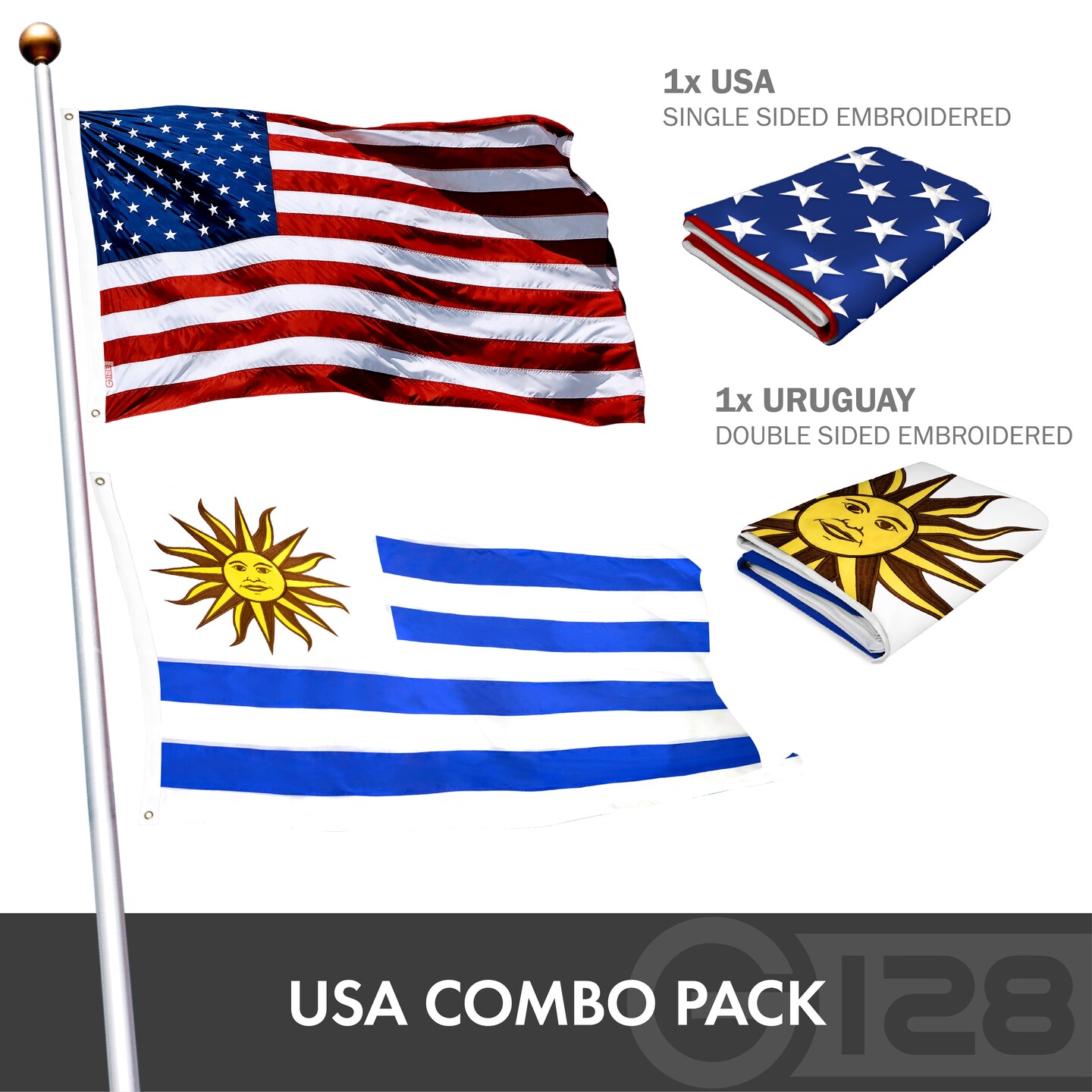 G128 Combo Pack: USA American Flag 3x5 Ft Embroidered Stars &#x26; Uruguay (Uruguayan) Flag 3x5 Ft Double-sided Embroidered 210D