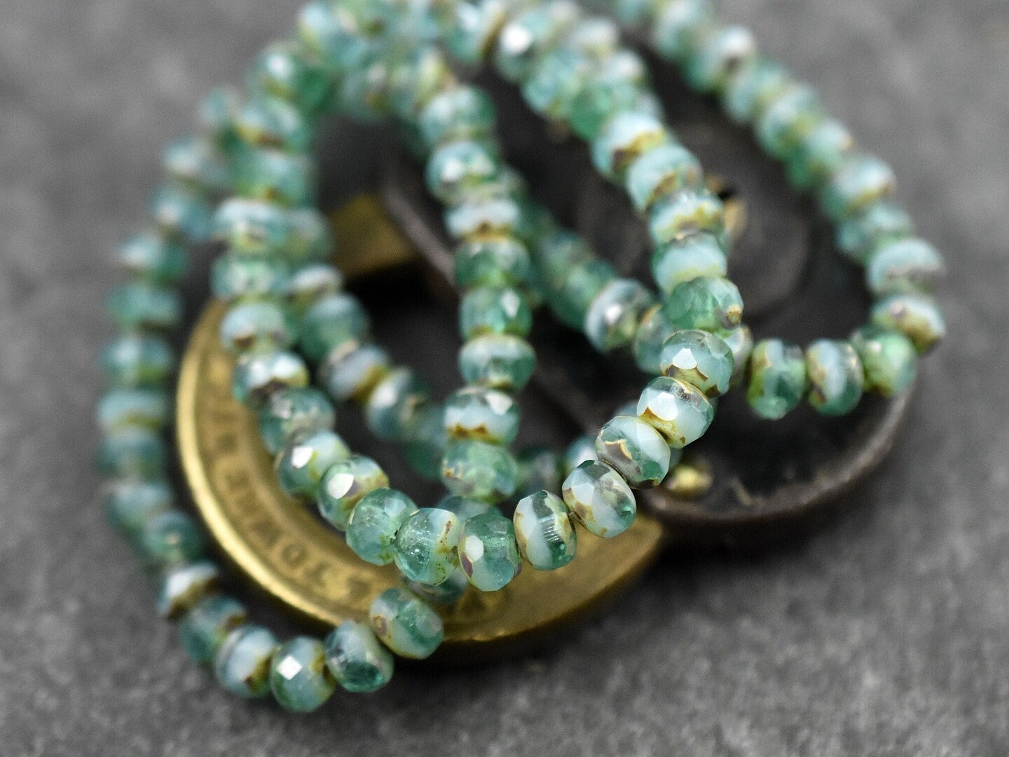 *30* 3x5mm Blended Emerald Green &#x26; Pale Sapphire Picasso Fire Polished Rondelle Beads