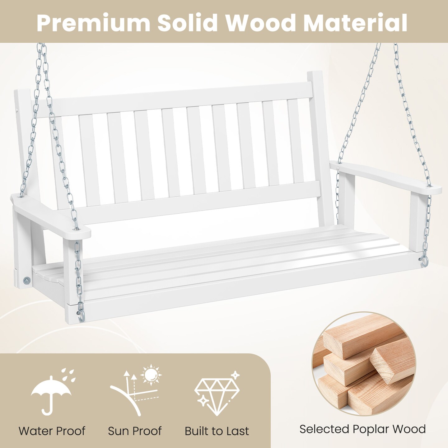 Wooden Outdoor Porch Swing with Slatted Backrest and Ergonomic Curved Seat