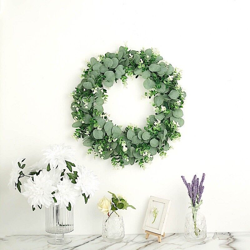 2 Green White 21 in Wreaths Artificial Eucalyptus Genlisea Leaves Candle Rings