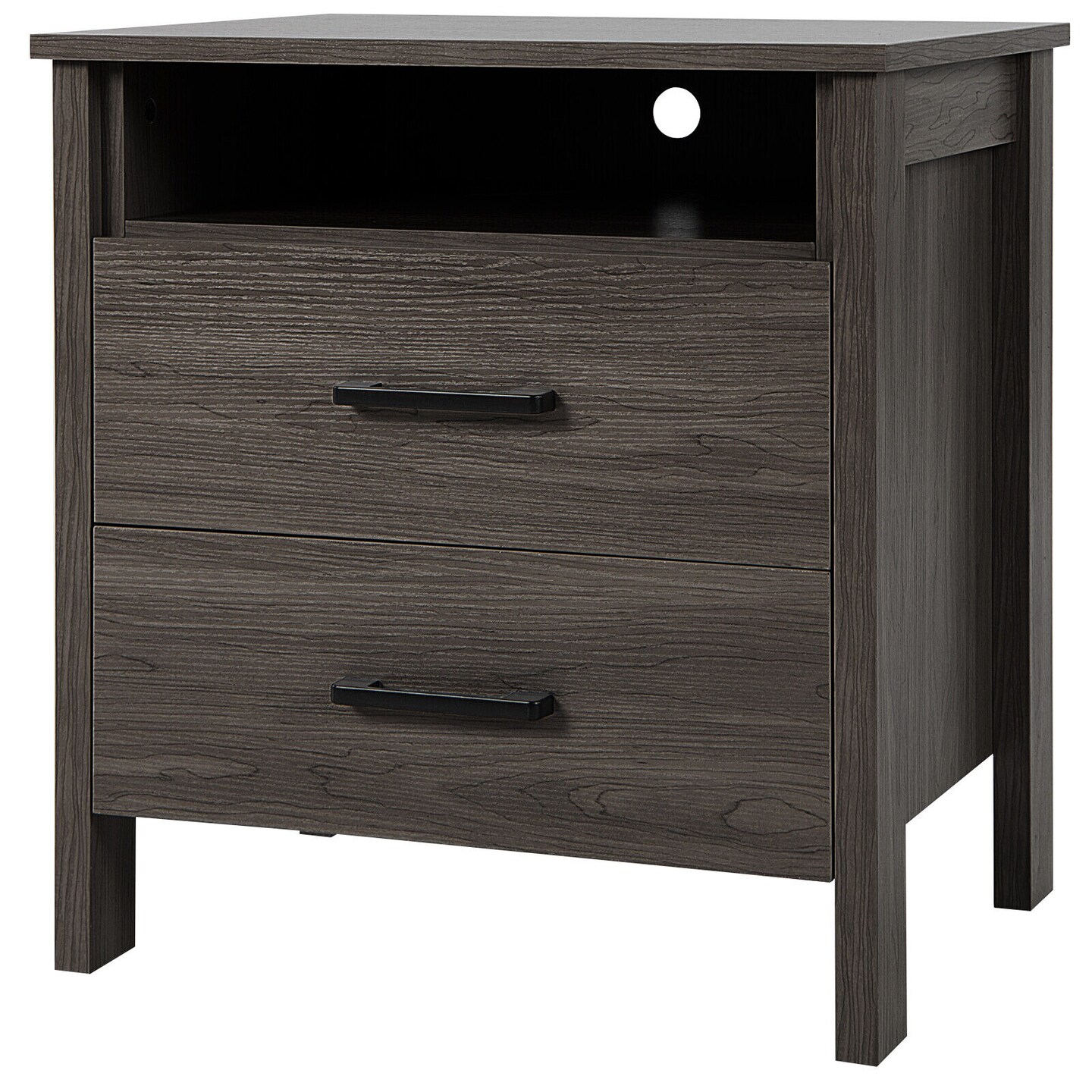 Modern Wood Grain Nightstand With Cable Hole And Open Compartment