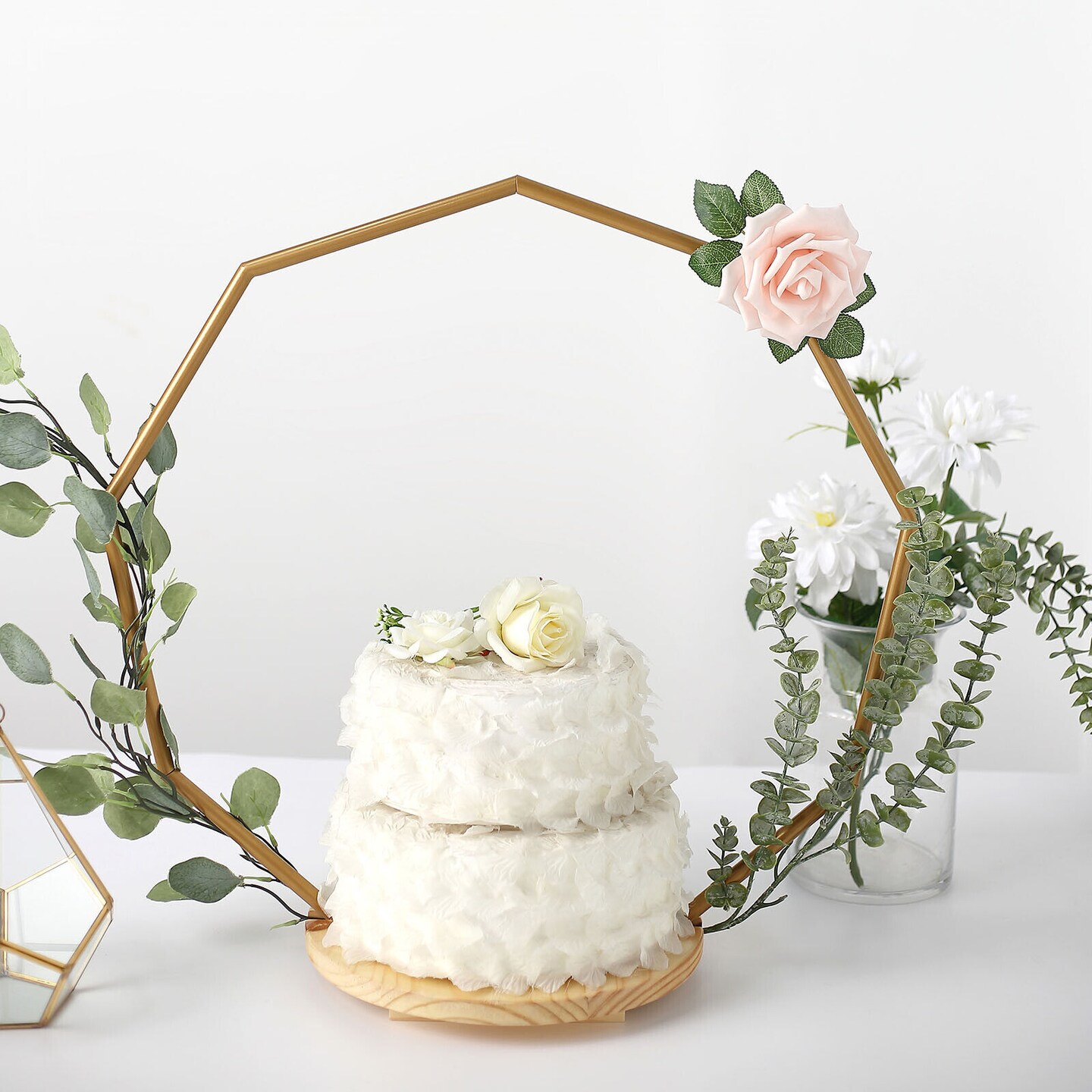 GOLD 22&#x22; Wood with Nonagon Geometric Metal Arch CAKE STAND