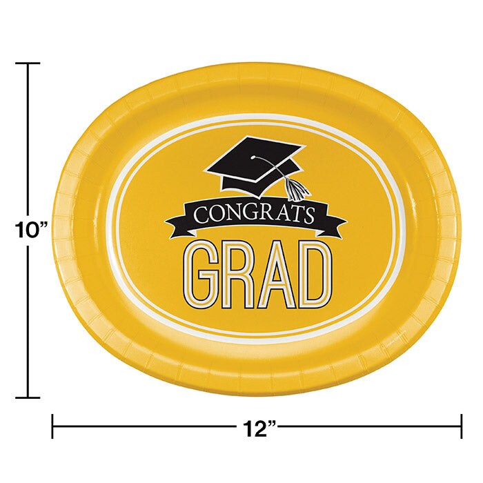 Yellow Graduation Paper Oval Platters, 10&#x22; X 12&#x22; (8/Pkg)