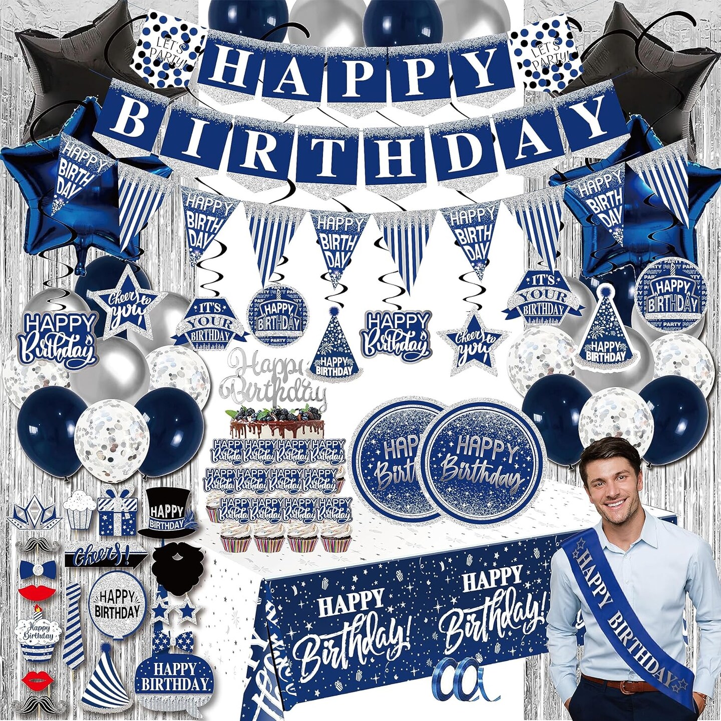 Birthday Decorations Men Blue - (Total 89pcs) blue party Banner, Pennant, Hanging Swirl, Foil Backdrops, balloons, Tablecloths, cupcake Topper, plates, Photo Props, birthday Sash for women boy