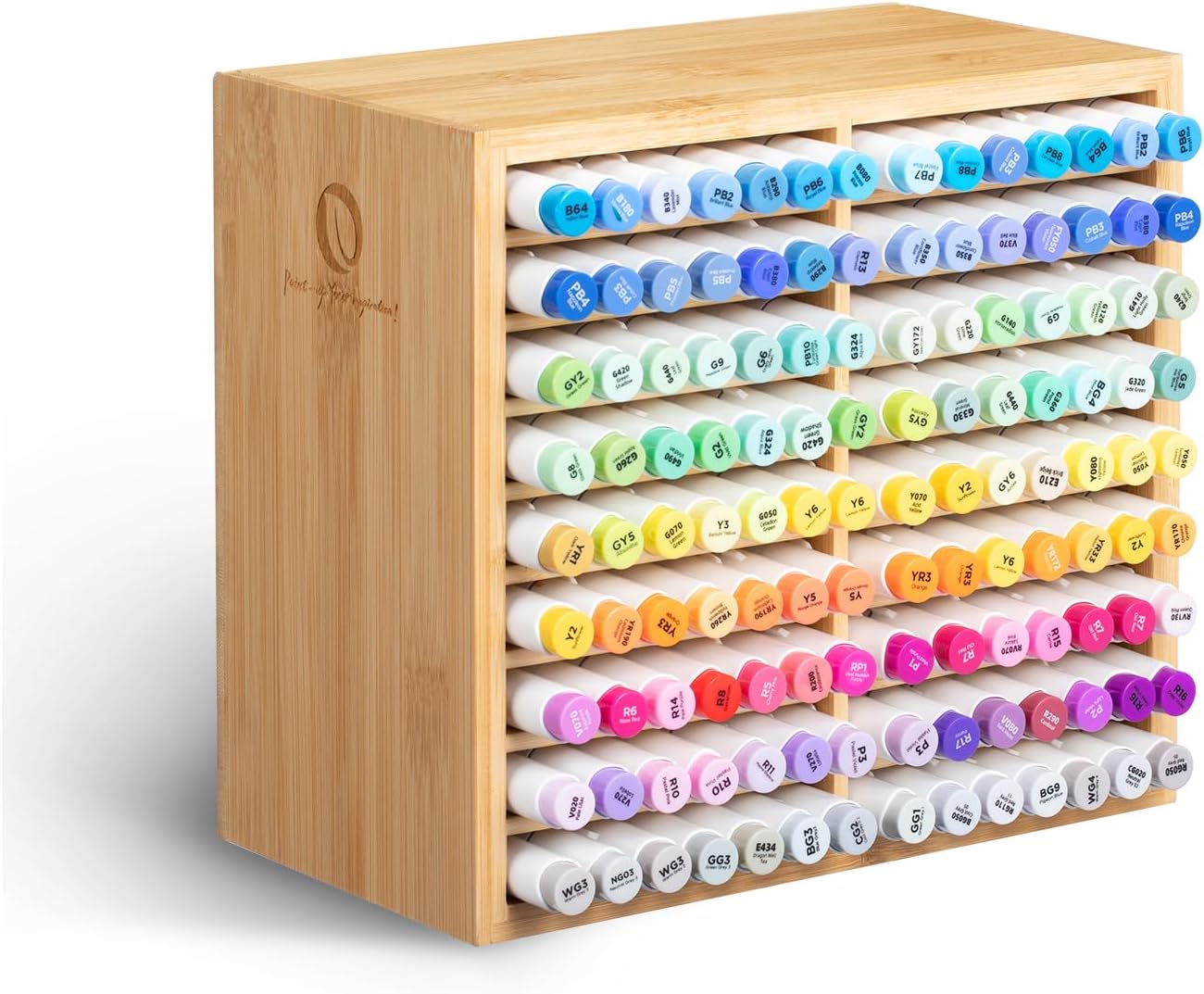 Ohuhu Bamboo Marker Organizer, Wooden Desktop Storage Hold 126 Markers, Markers Pens Pencils Art Brushes Stationary Organizer Pencil Holder with 18 Compartments for Home Classroom Office Decor