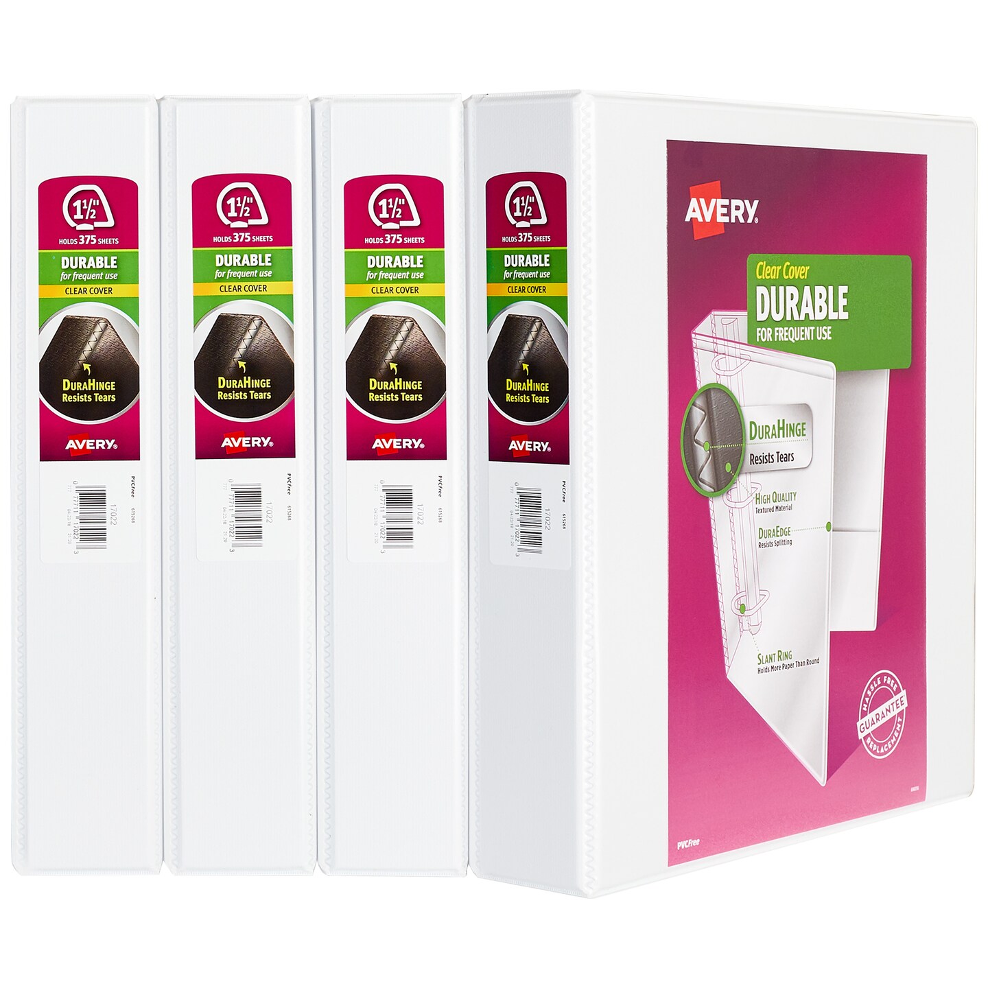 Avery Durable View 3 Ring Binders, 1.5&#x22; Slant Rings, 4 White Binders (17576)
