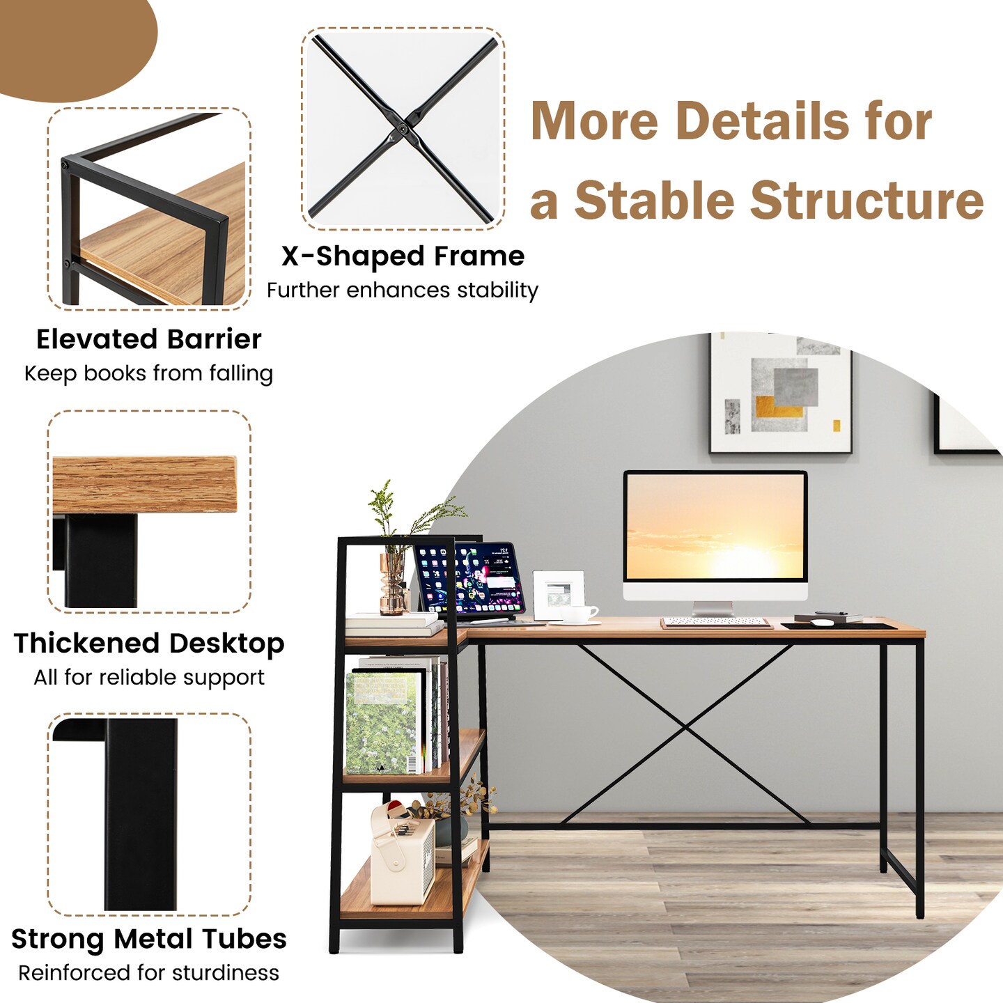 Costway Reversible L Shaped Computer Desk Corner Workstation with 3-Tier Open Shelf