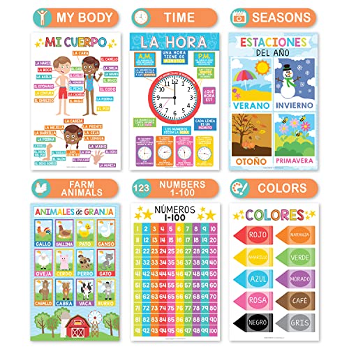 Hadley Designs 12 Spanish Educational Posters, Bilingual Learning Chart for Prek, Kindergarten & 1st Grade Kids, Classroom Decorations, Alphabet, Colors, Numbers, Months of the Year, Days of the Week