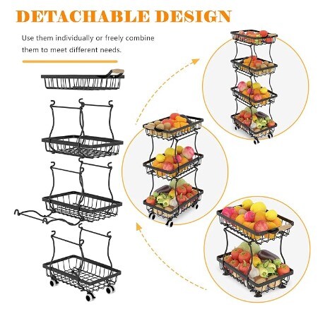 4-Tier Slim Fruit Basket, Wire Fruit Basket Stand Organizer for Snack Produce Onion, Potato, Fruit, Vegetable, Rolling Storage Rack on Wheels for Small Space in Kitchen