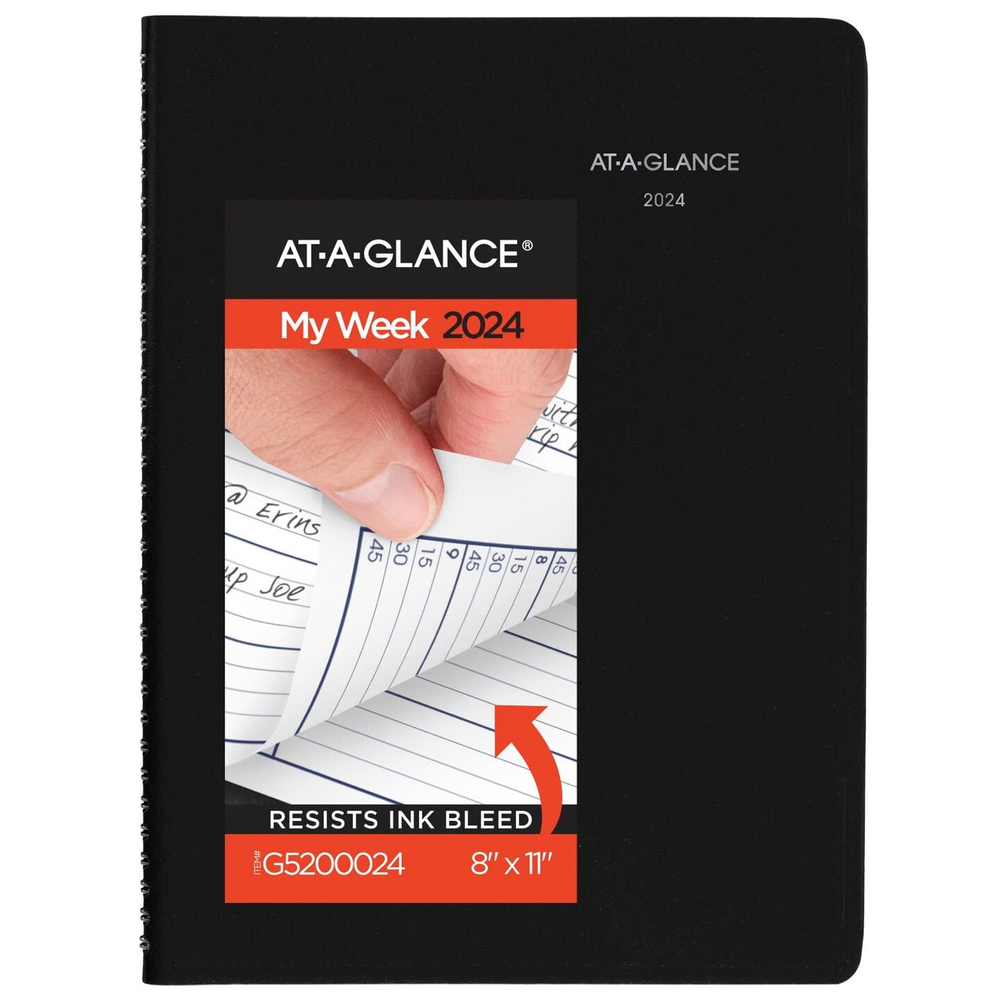 2024 Weekly Planner, DayMinder, Quarter-Hourly Appointment Book, 8&#x22; x 11&#x22;, Large, Black (G5200024)