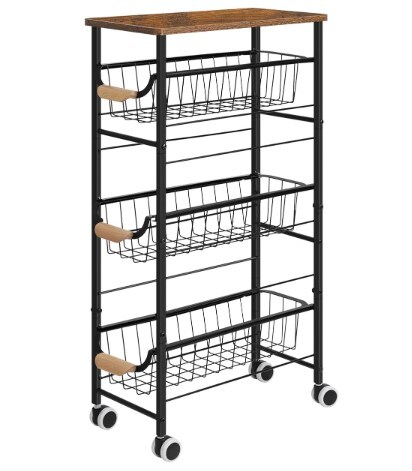 4-Tier Narrow Rolling Cart&#xFF0C;with Pull-Out Iron Basket, Sturdy Slim Storage Cabinet Iron and Wood Combination&#xFF0C;Ideal for Kitchen