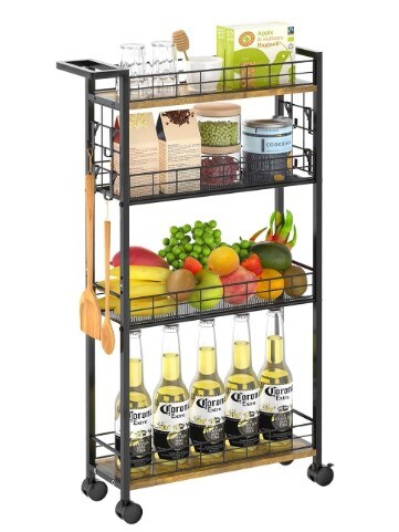 4 Tier Mobile Narrow Shelving Unit Organizer Utility Cart with Handle.