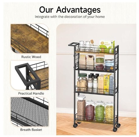 4 Tier Mobile Narrow Shelving Unit Organizer Utility Cart with Handle.