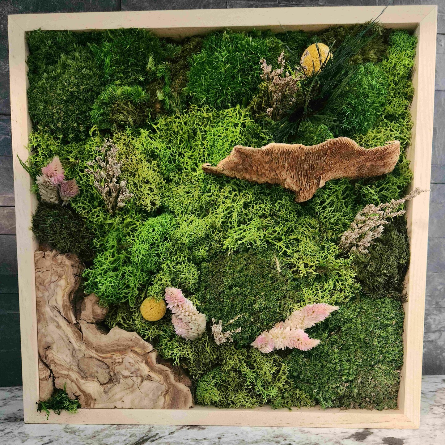 Fairy garden moss art | Preserved moss art | 12x12 inch Natural