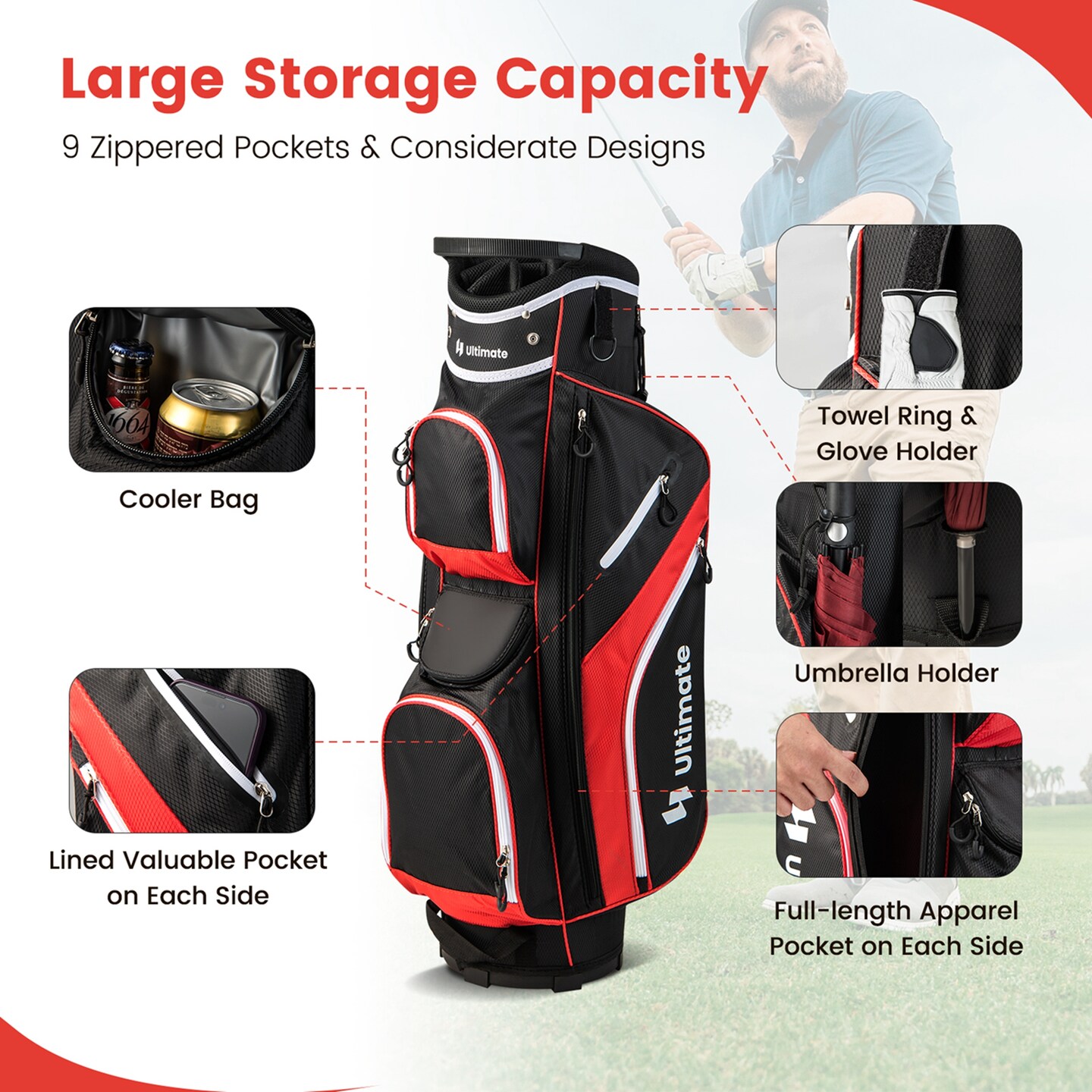 Costway Lightweight Golf Cart Bag with 14 Way Top Dividers 9 Pockets Rain Hood Cooler Bag