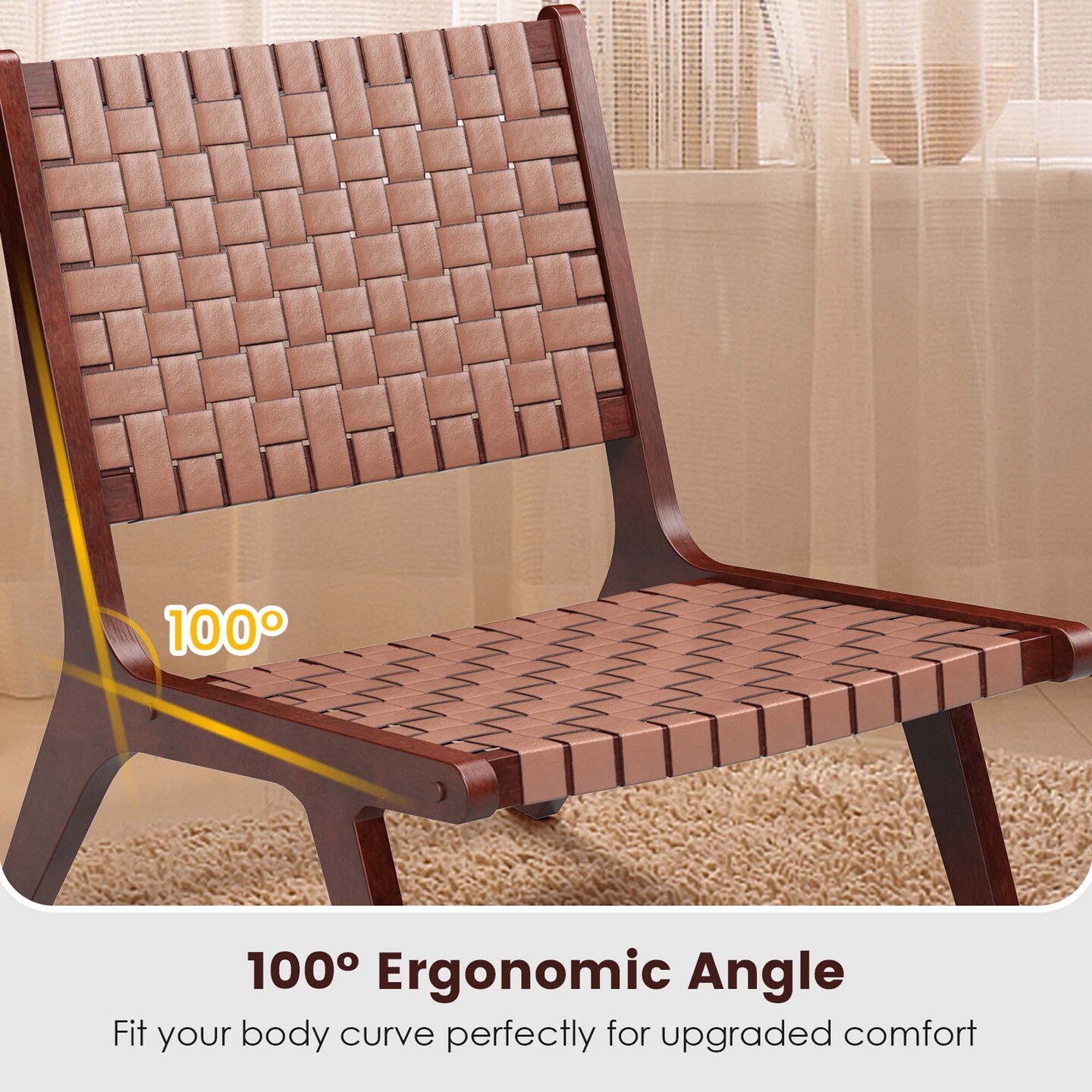 Costway Woven Leather Accent Chair Mid Century Rubber Wood Armless Side Chair