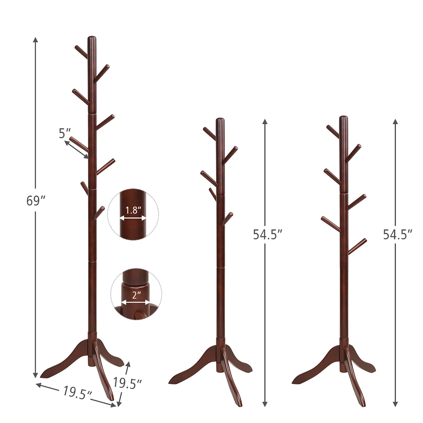 Costway Wooden Coat Rack Stand Entryway Hall Tree 2 Adjustable Height w/ 8 Hooks Gray\Brown