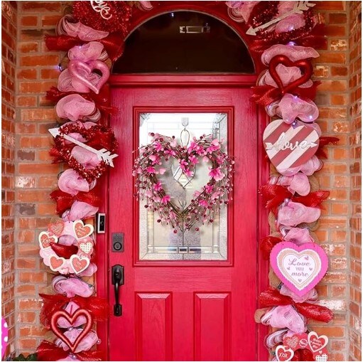 Valentine&#x27;s Day Wreaths: 15&#x27;&#x27; Heart Shaped Wreaths for Front Door with 20 LED Pink Red Heart Shaped Berry Door Wreath for Valentine&#x27;s Day Decorations, Anniversary, Wedding Wall Home Decor Gifts
