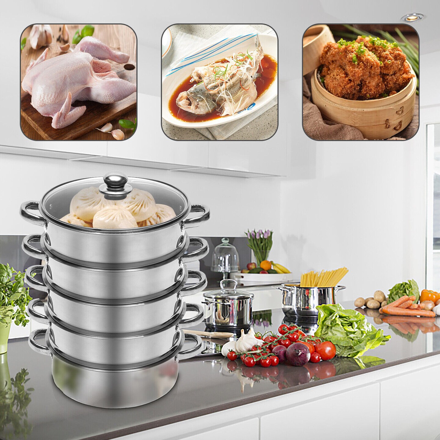 Kitcheniva 5 Tier Stainless Steel Steamer Pot Pan Set 26cm 30cm With Lid