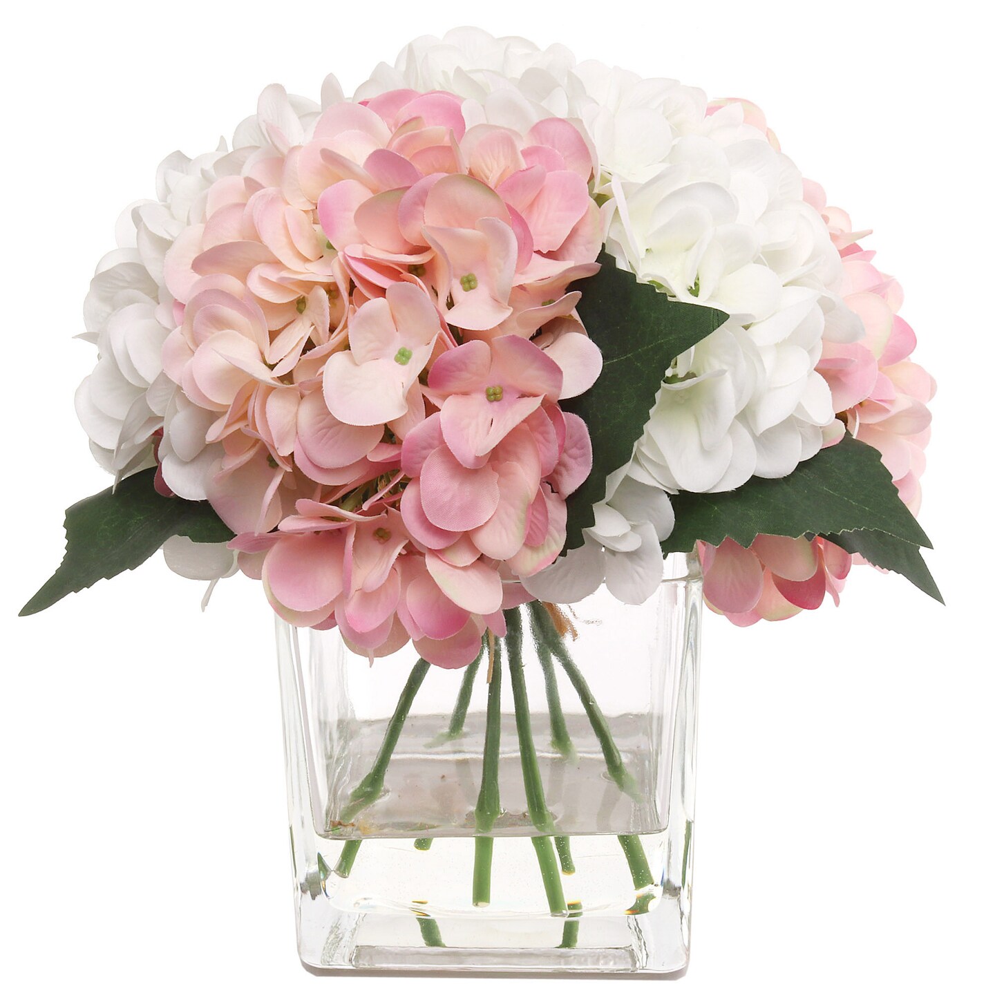 Pink &#x26; White Hydrangea Flowers in Glass Vase with Realistic Water Look - Lifelike Artificial Arrangement for Home, Office &#x26; Event Decor - Floral Home by Artificial Flowers