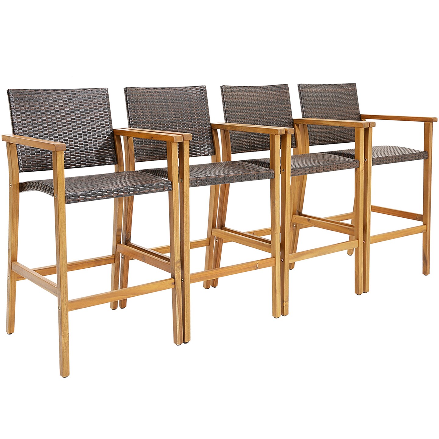 Costway 2PCS/4PCS Patio PE Wicker Bar Chairs Height Barstools with Acacia Wood Armrests Balcony