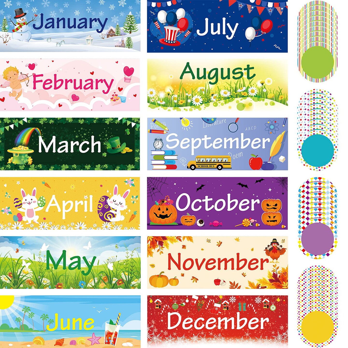 48 Pieces Holiday Monthly Headliners Set 12 Months of The Year Headers Monthly Bulletin Board Borders Seasonal Monthly Headers with 36 Round Blank Confetti Cutouts for School Bulletin (Cute Style)