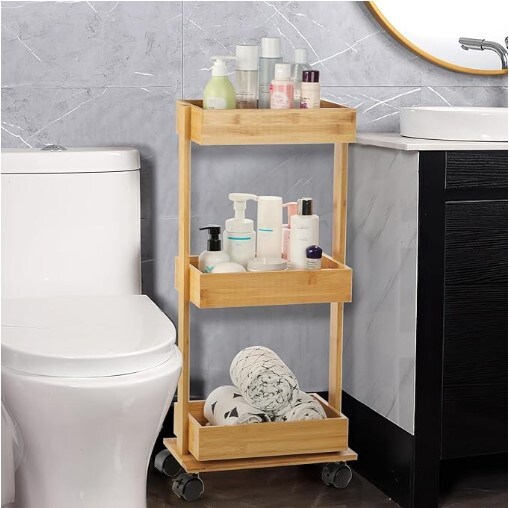 Slim Storage Cart, 3-Tier Bamboo Rolling Utility Cart Standing Rack on Wheel, Mobile Shelving Unit Organizer Serving Trolley Slide Out Cart for Office, Bathroom, Kitchen, Laundry Room and Narrow Place