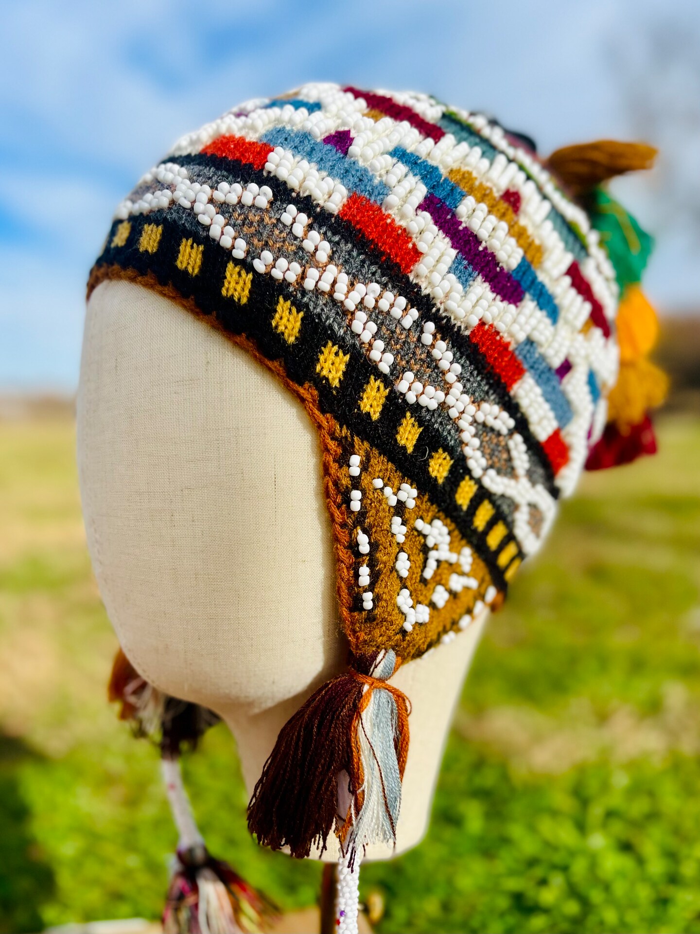 Peruvian Chullo with beads/Colorful Chullo Pom Pom/Peruvian hand knitted Chullo with Llamas/Beautiful Q'ero Chullo Hat for outlet