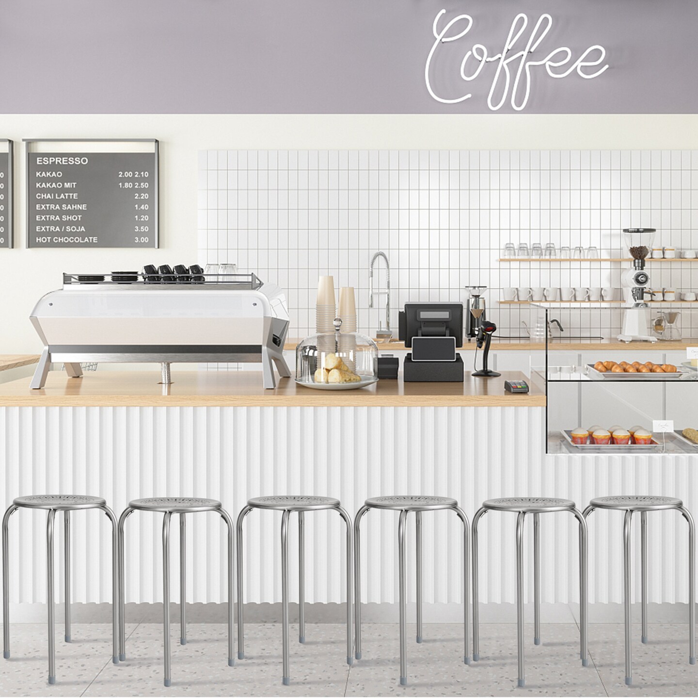 Costway Set of 6 Stackable Metal Stool Set Daisy Backless Round Top Kitchen Grey