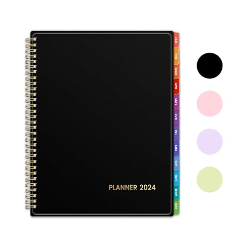 SUNEE 2024 Weekly and Monthly Planner - from January 2024 - December 2024, 8.5&#x22;x11&#x22; Daily Agenda Planner with Monthly Tab, Flexible Cover, Note Pages, Pockets, Bookmark, Spiral Binding, Black