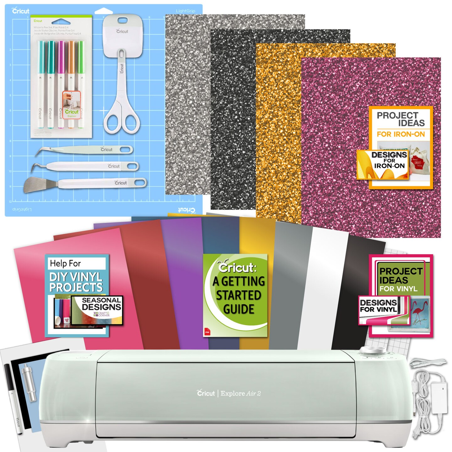 Cricut Explore Air 2 Machine with Iron-On and Vinyl Sampler Packs, Tool Set and Pens Bundle
