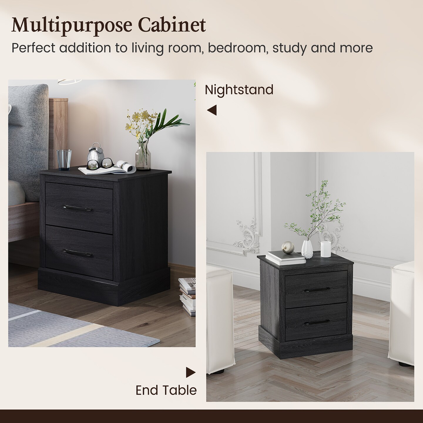 Costway 2 Drawer Nightstand Bedside Table Compact Sofa End Table Dark Grey Oak/Walnut