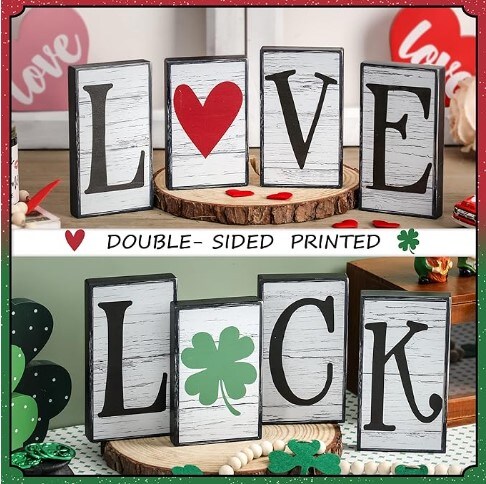Valentine's Day Decor 4 Pieces Reversible St. Patrick's Day Wood Signs Tiered Tray Mantle Shelf Decor for Valentine Farmhouse Heart Shamrock Wood Blocks