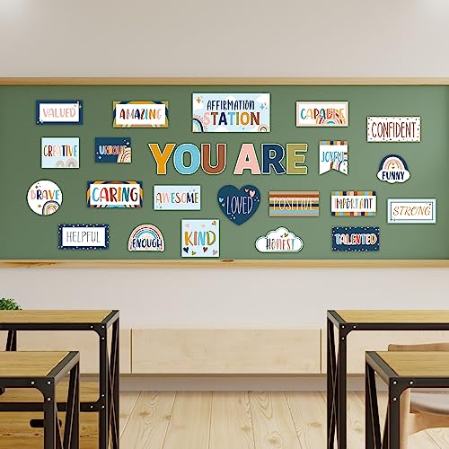 Boho Affirmation Station Bulletin Board Set Rainbow Bulletin Board for Classroom Decor Hippie Motivational Posters Positive Affirmations Accents Cutouts for Teachers School Chart Wall Supplies