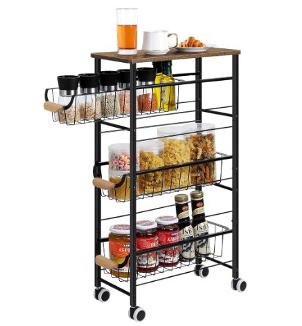 4-Tier Narrow Rolling Cart,with Pull-Out Iron Basket, Sturdy Slim Storage Cabinet Iron and Wood Combination,Ideal for Kitchen