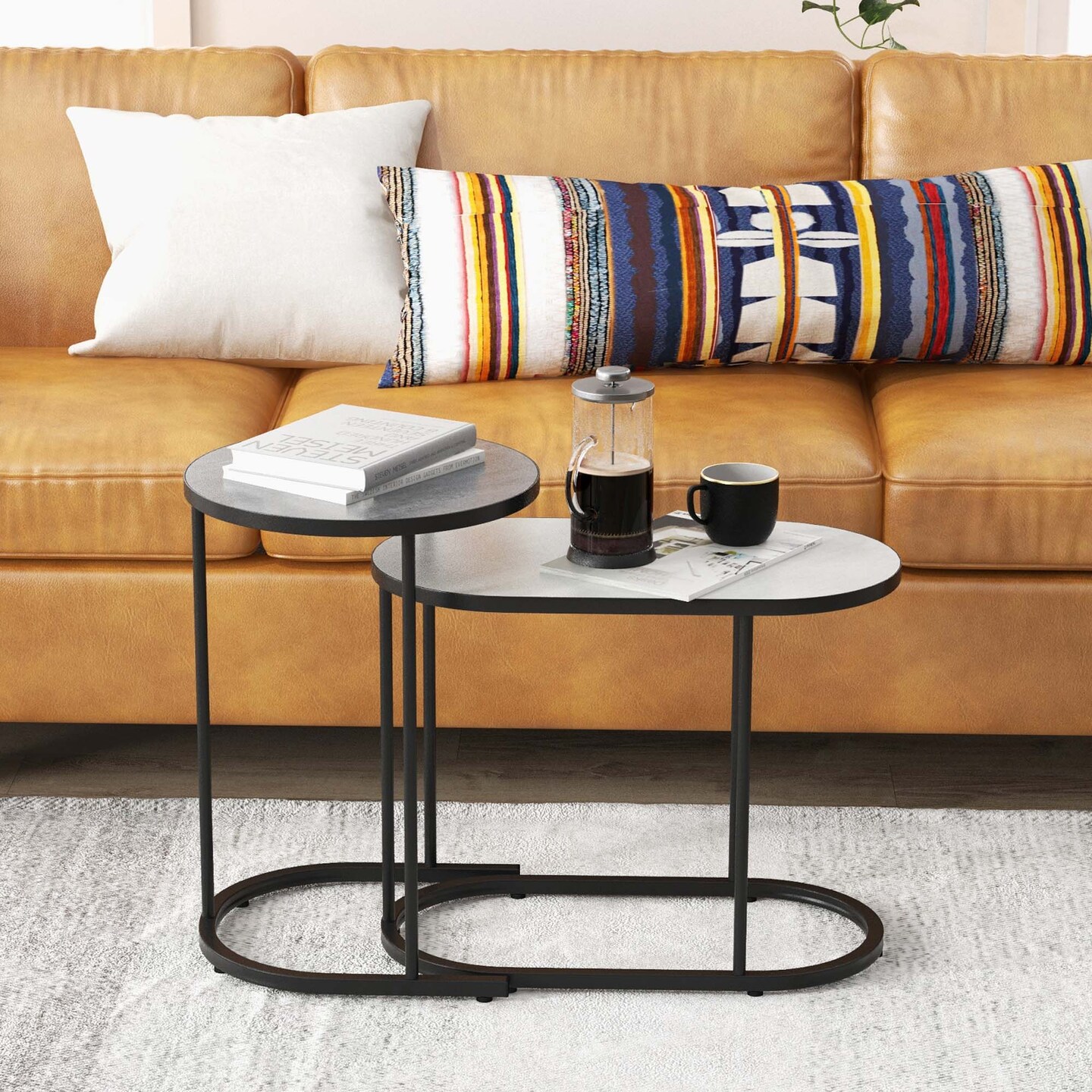 Costway 2-in-1 Design Faux Marble Top Tea Table Nesting Coffee Table Set of 2
