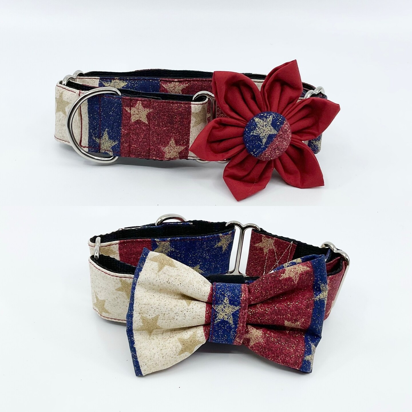 Patriotic Martingale Dog Collar With Optional Flower Or Bow Tie Gold