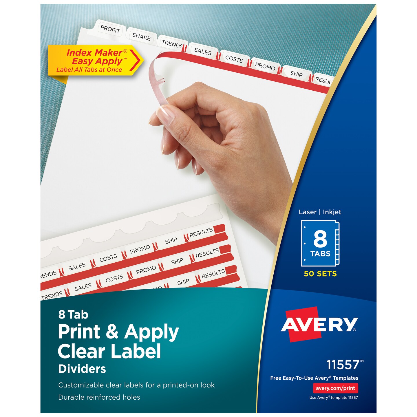Avery 8 Tab Dividers for 3 Ring Binder, Easy Print &#x26; Apply Clear Label Strip, Index Maker Customizable White Tabs, 50 Sets (11557)