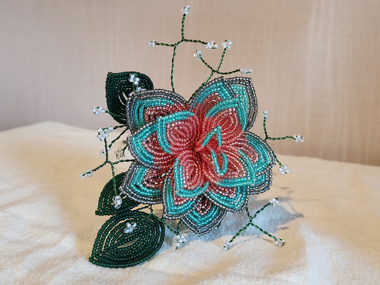 French Beaded flowers tri tone rose with babies breath