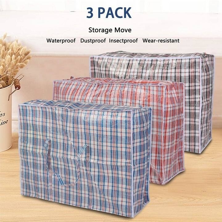 Portable Extra-Large Set Of 3 Plastic Checkered Storage Reusable Laundry Shopping Bags With Zipper And Handles Size 31"